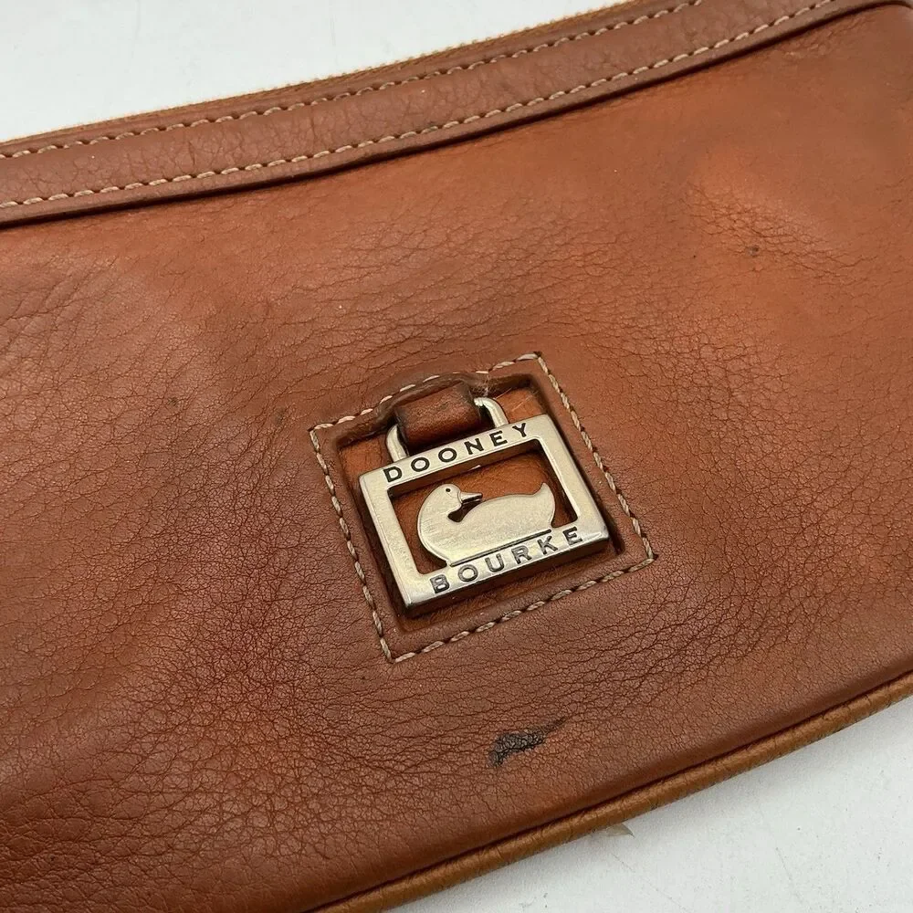 Dooney & Bourke Brown Leather Wristlet Clutch Logo Zip Top Small Purse